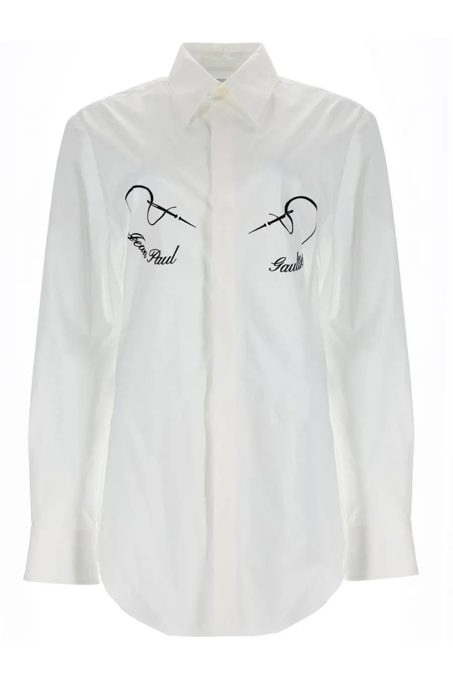 Jean Paul Gaultier women’s white button-down shirt with black embroidered needle and thread designs on the chest