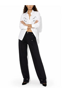 Jean Paul Gaultier women’s white button-up shirt with black cursive script and heart motifs embroidered on sleeves