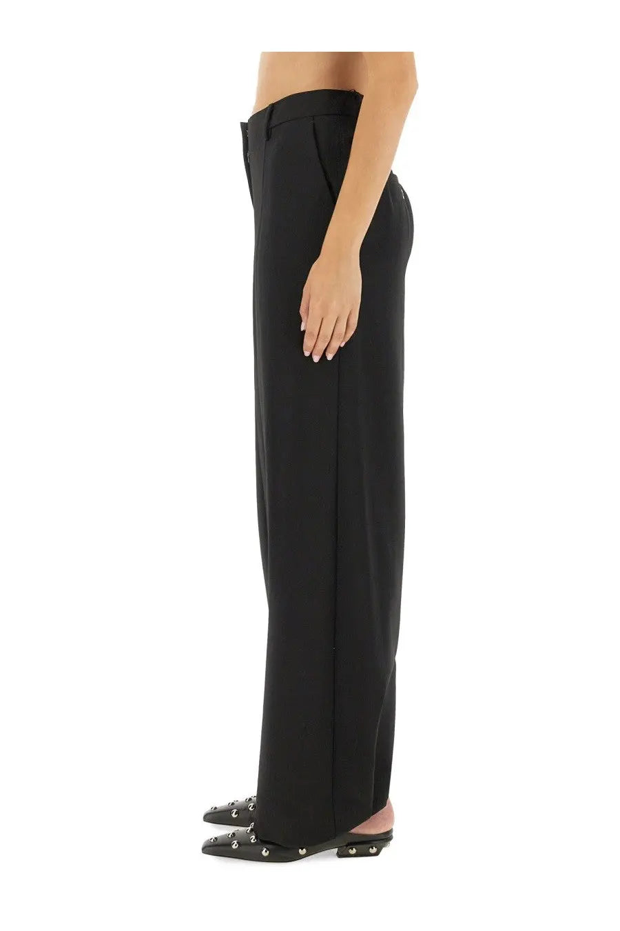 Jean Paul Gaultier women’s black wide-leg trousers with sleek tailored fit and subtle front pleats