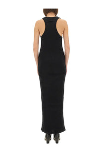Black ribbed knit sleeveless maxi dress with back cutout detail by jean paul gaultier shown from the back side