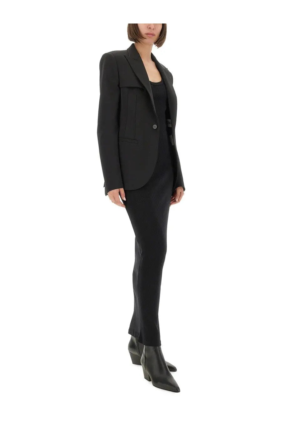 Black tailored blazer with notched lapels and single button closure from Jean Paul Gaultier women’s Pierced Dress collection
