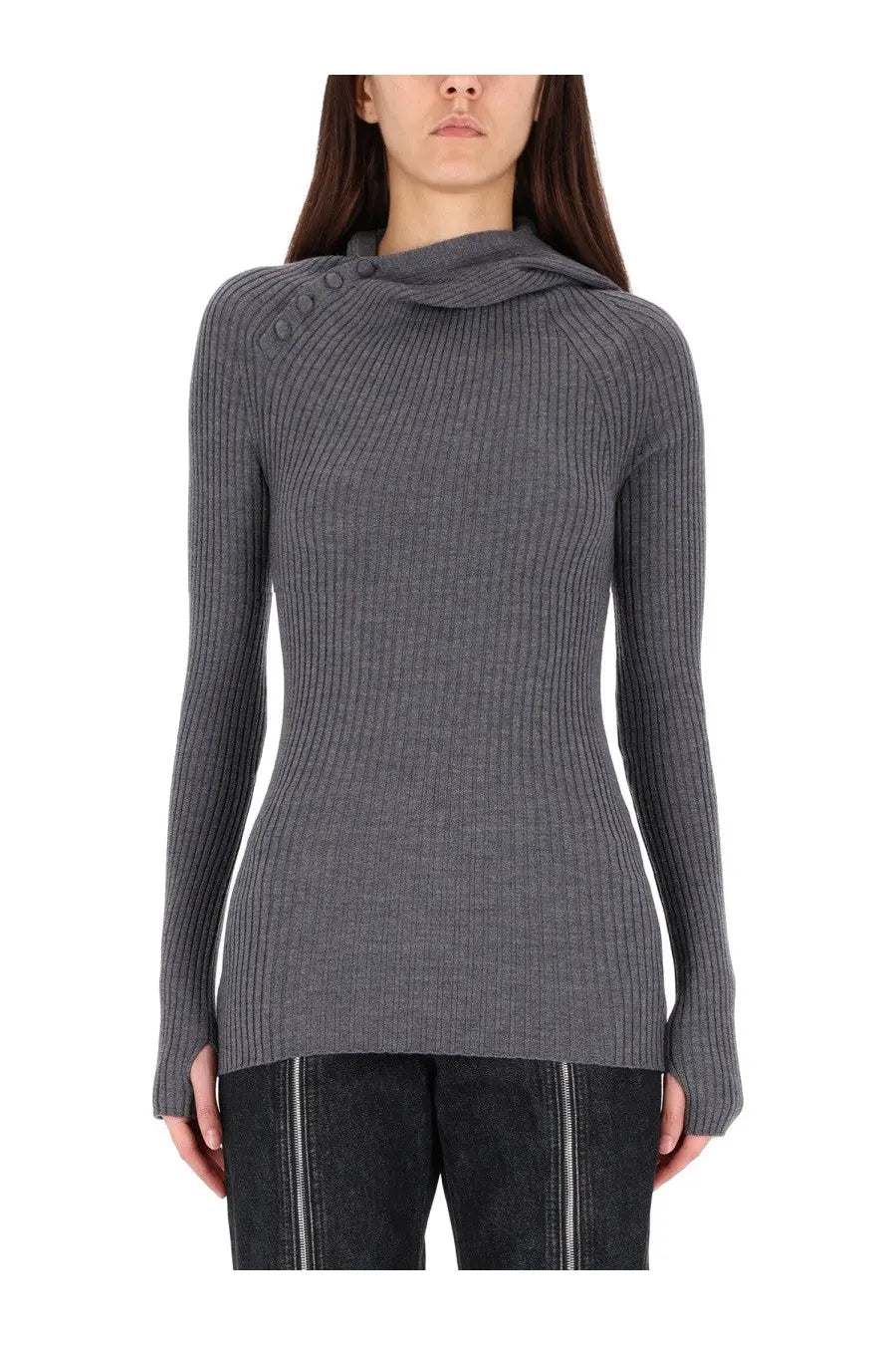 Jean Paul Gaultier women’s dark gray ribbed wool sweater with high collar and shoulder button detailing