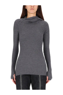 Jean Paul Gaultier women’s dark gray ribbed wool sweater with high collar and shoulder button detailing
