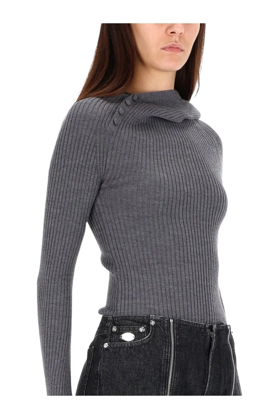 Gray ribbed wool sweater with cowl neck and button detailing by jean paul gaultier for women