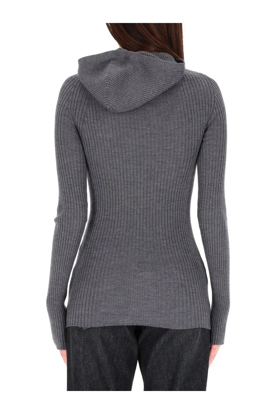 Jean paul gaultier women’s grey ribbed wool hooded sweater with long sleeves and knit texture