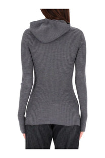 Jean paul gaultier women’s grey ribbed wool hooded sweater with long sleeves and knit texture