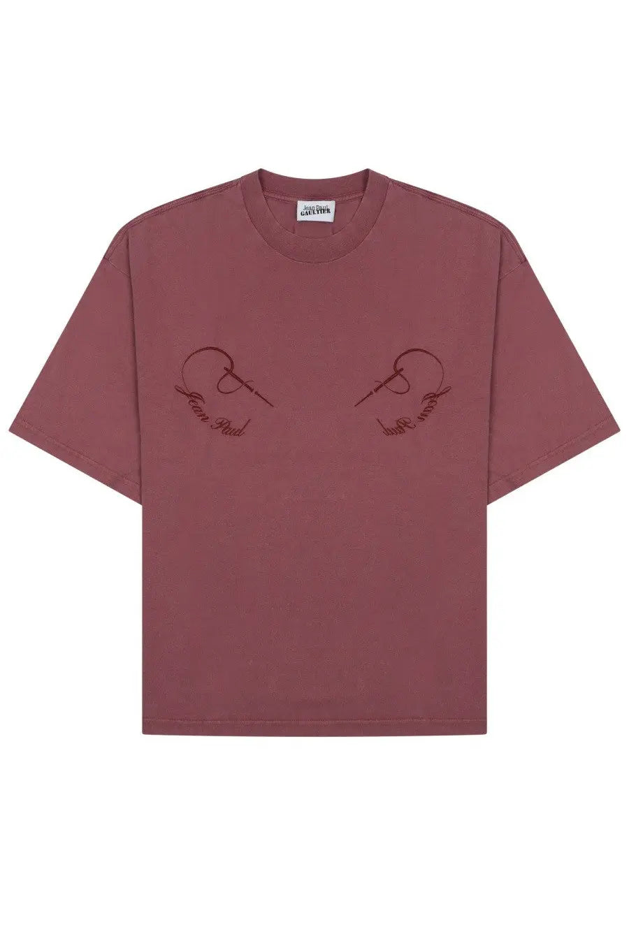 Jean Paul Gaultier women’s dusty rose oversized crewneck shirt with embroidered skulls and cursive text on front