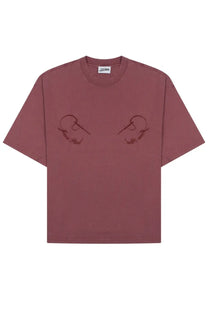 Jean Paul Gaultier women’s dusty rose oversized crewneck t-shirt with embroidered skull designs and cursive text