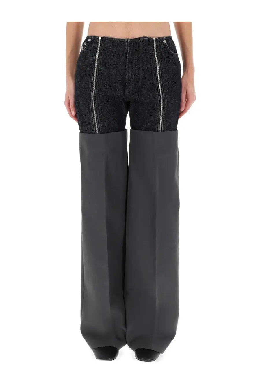 Jean Paul Gaultier women’s spats grey two-tone black denim and charcoal gray fabric pants with bold design