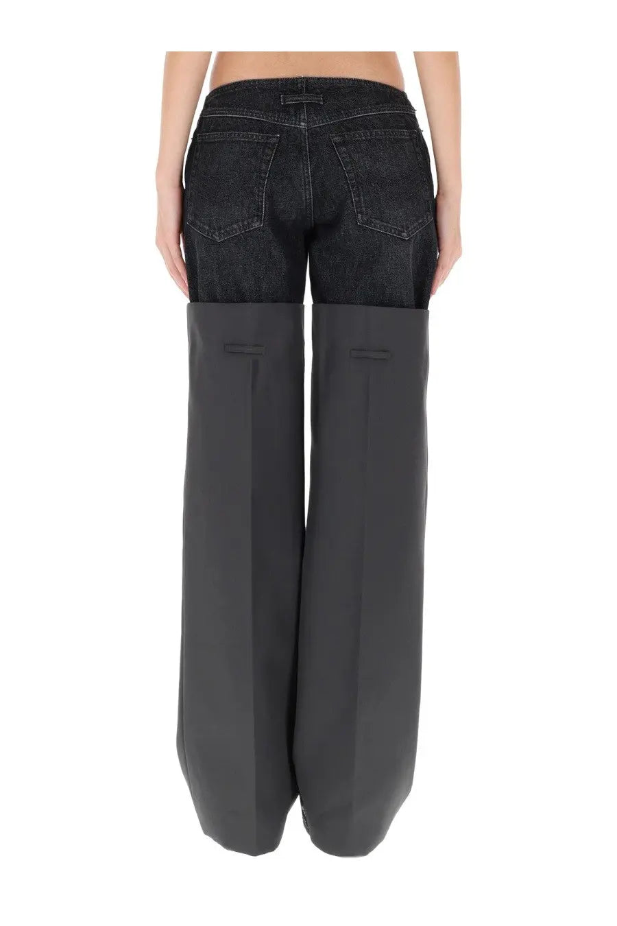 Jean Paul Gaultier women’s spats grey black denim jeans with wide-leg dark gray structured lower half