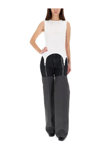 Jean paul gaultier women’s spats grey sleeveless top with high neckline and geometric cutouts revealing denim fabric