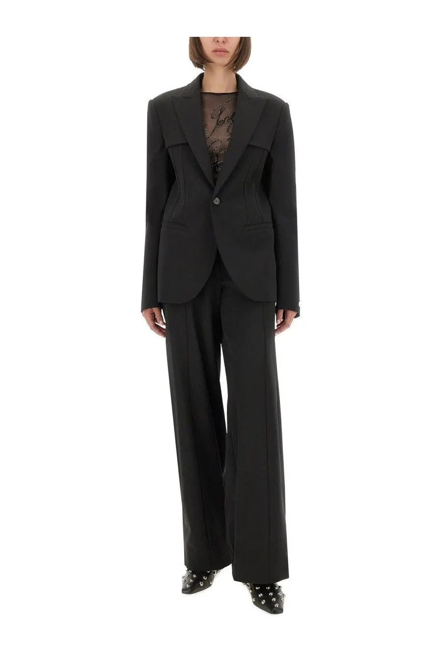 Jean Paul Gaultier women’s black tailored blazer with structured shoulders and single button closure