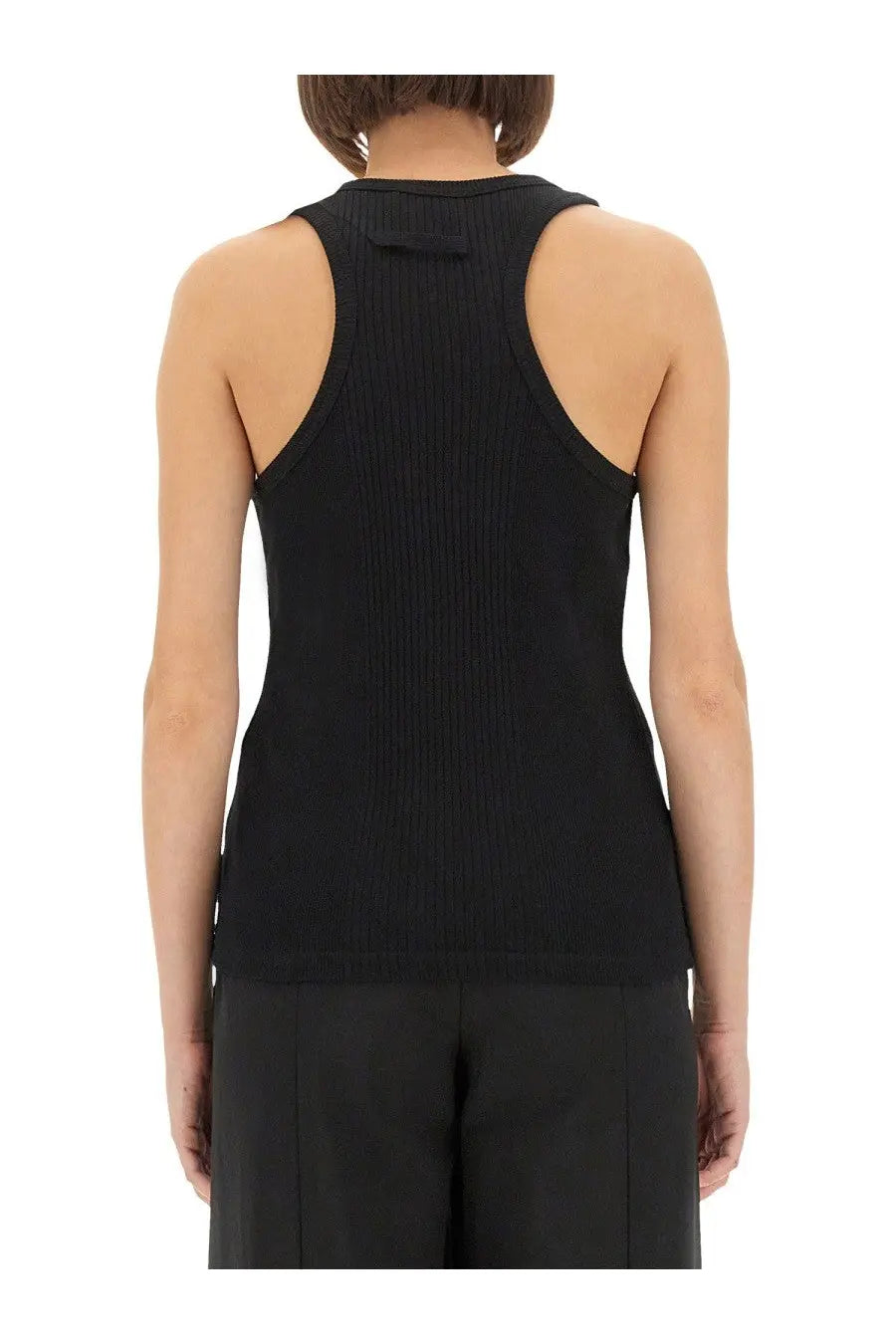Jean Paul Gaultier women’s black ribbed knit tank top with a small rectangular patch at the neckline