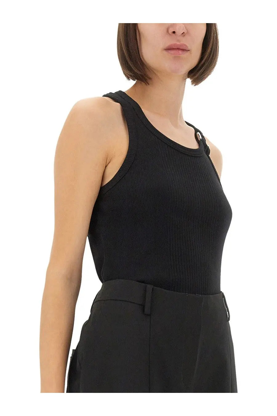 Jean Paul Gaultier women’s black ribbed knit tank top with round neckline and shoulder strap detail