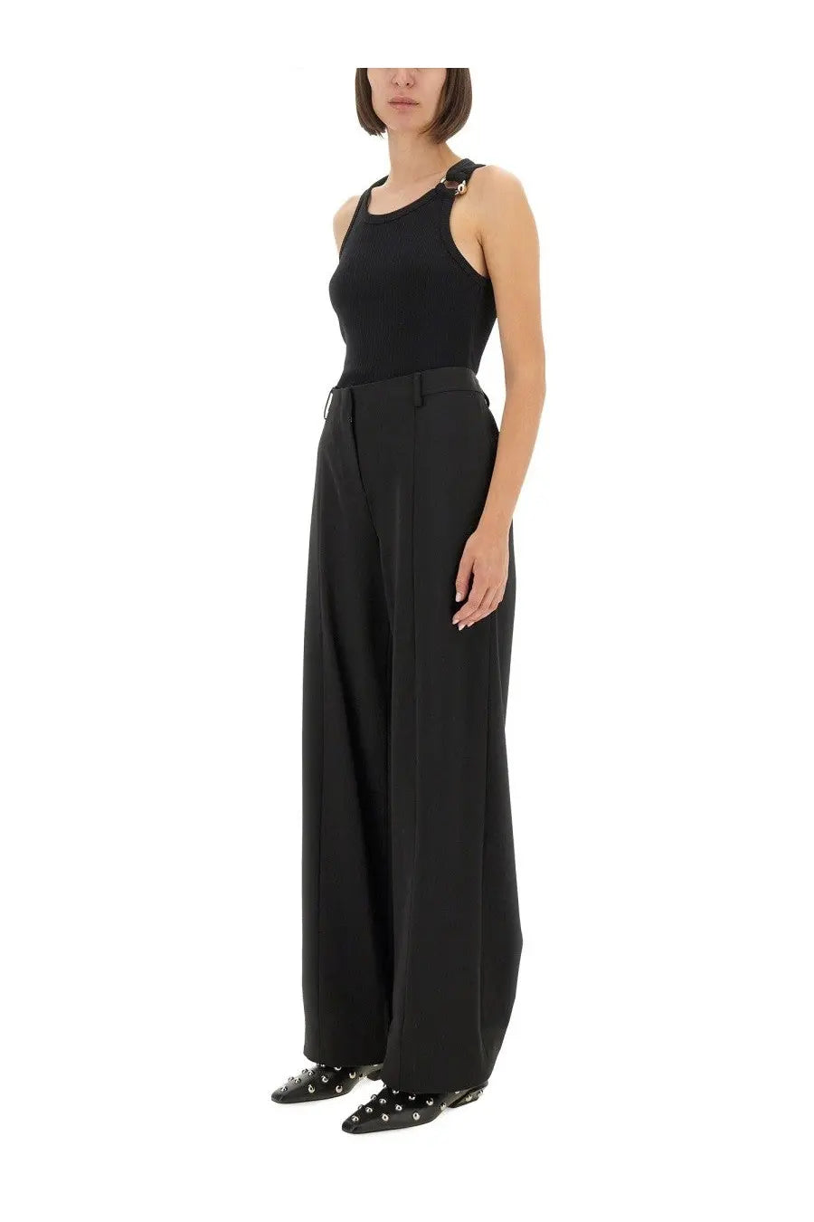 Black wide-leg trousers with a sleek tailored fit and subtle front pleats for a polished look