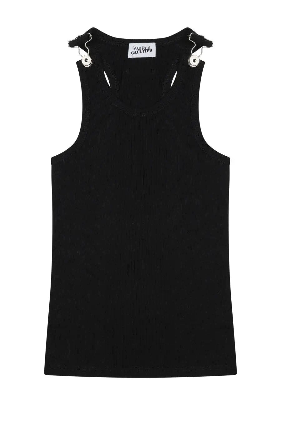 Jean Paul Gaultier women’s black cotone tank top with silver toned shoulder clips featuring eye like details