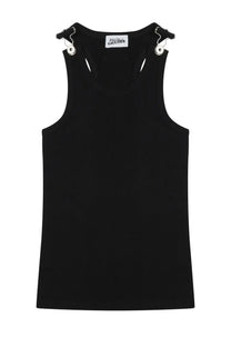 Jean Paul Gaultier women’s black cotone tank top with silver toned shoulder clips featuring eye like details