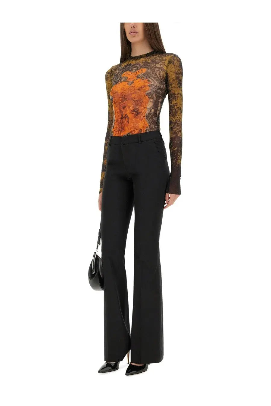 Jean Paul Gaultier women’s black high-waisted flared trousers with a sleek tailored fit in Édaillon multicolor style