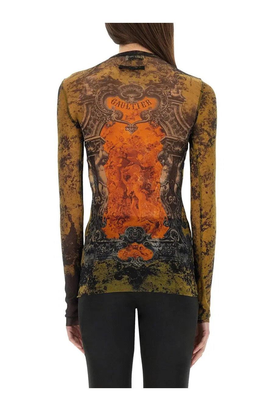 Jean Paul Gaultier women’s long-sleeved top in sheer mustard-yellow and black distressed fabric with ornate orange and brown print