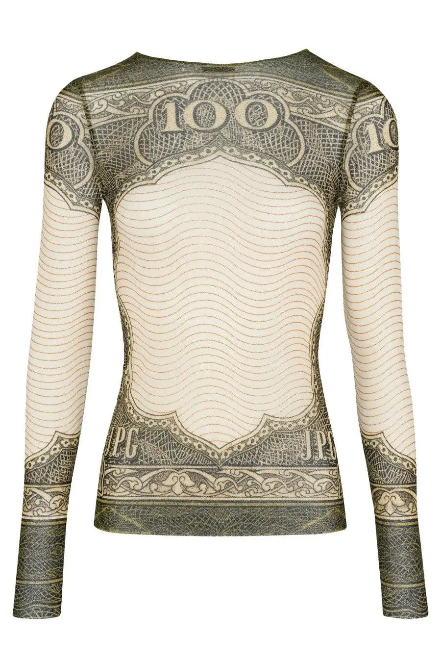 Jean Paul Gaultier women’s long-sleeved top with vintage 100-dollar bill print in beige and dark green tones