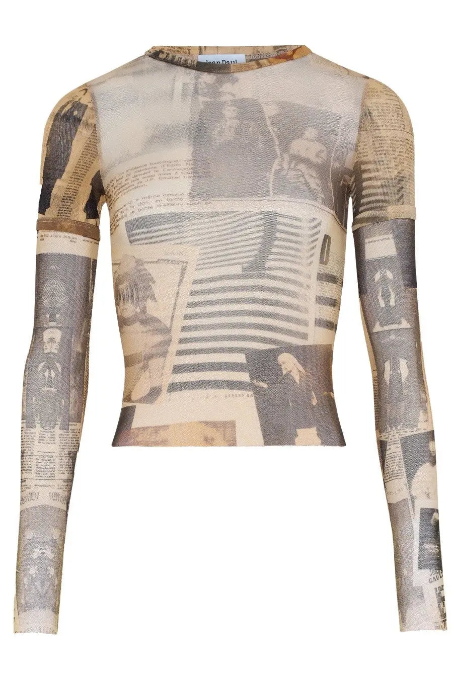 Jean paul gaultier women’s sheer long-sleeved top with vintage newspaper and sepia photo collage print multicolor