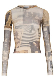 Jean paul gaultier women’s sheer long-sleeved top with vintage newspaper and sepia photo collage print multicolor