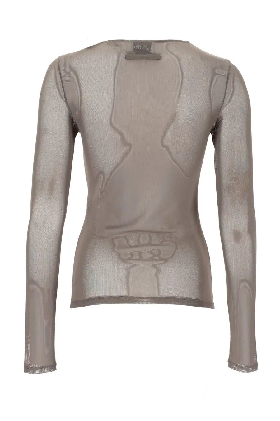 Back view of a sheer taupe long-sleeved top by jean paul gaultier with embossed skeleton design