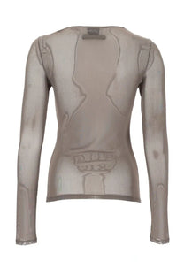 Back view of a sheer taupe long-sleeved top by jean paul gaultier with embossed skeleton design
