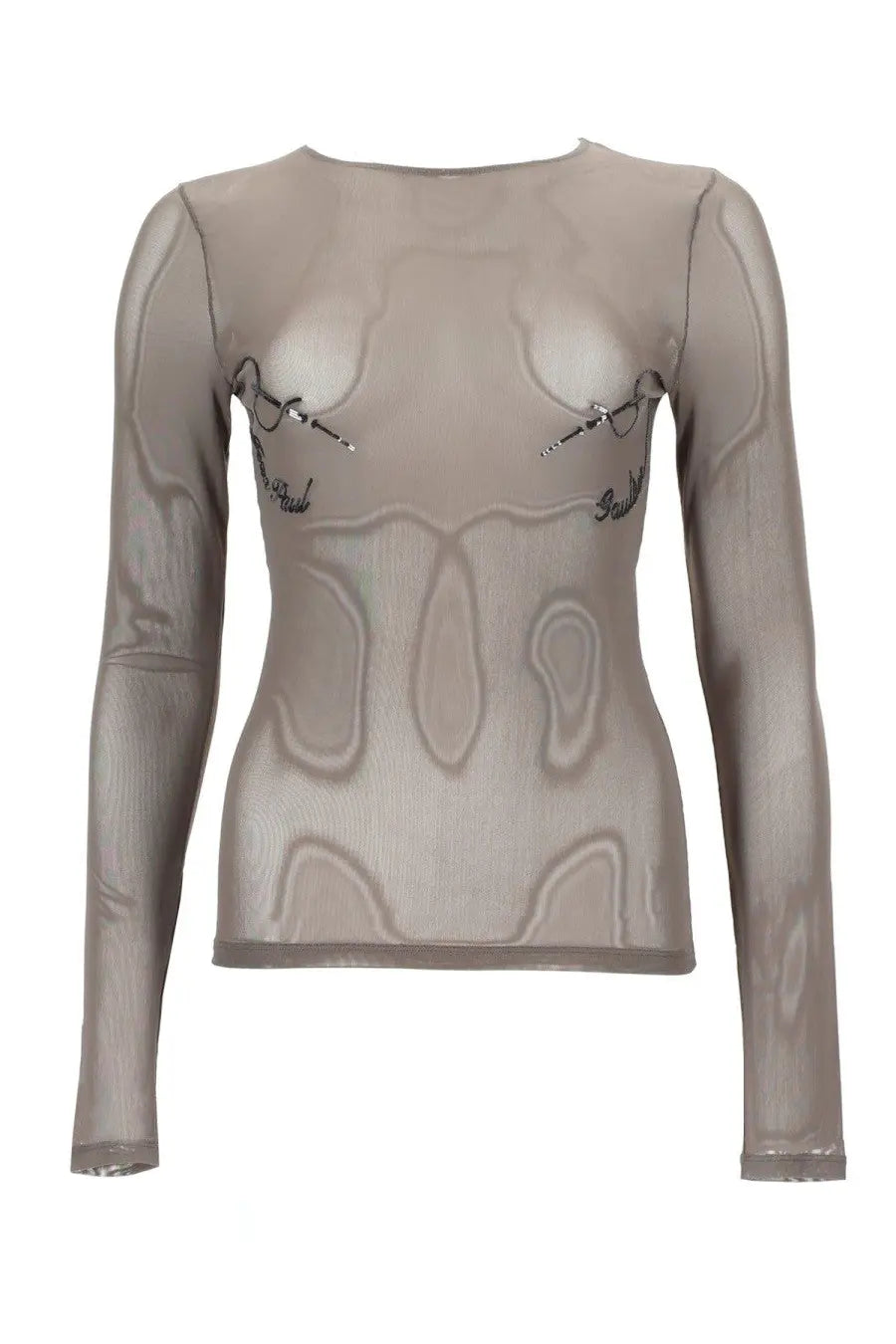 Jean Paul Gaultier women’s taupe long-sleeved top with ribbed texture and metallic chain embellishments across chest