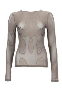 Jean Paul Gaultier women’s taupe long-sleeved top with ribbed texture and metallic chain embellishments across chest