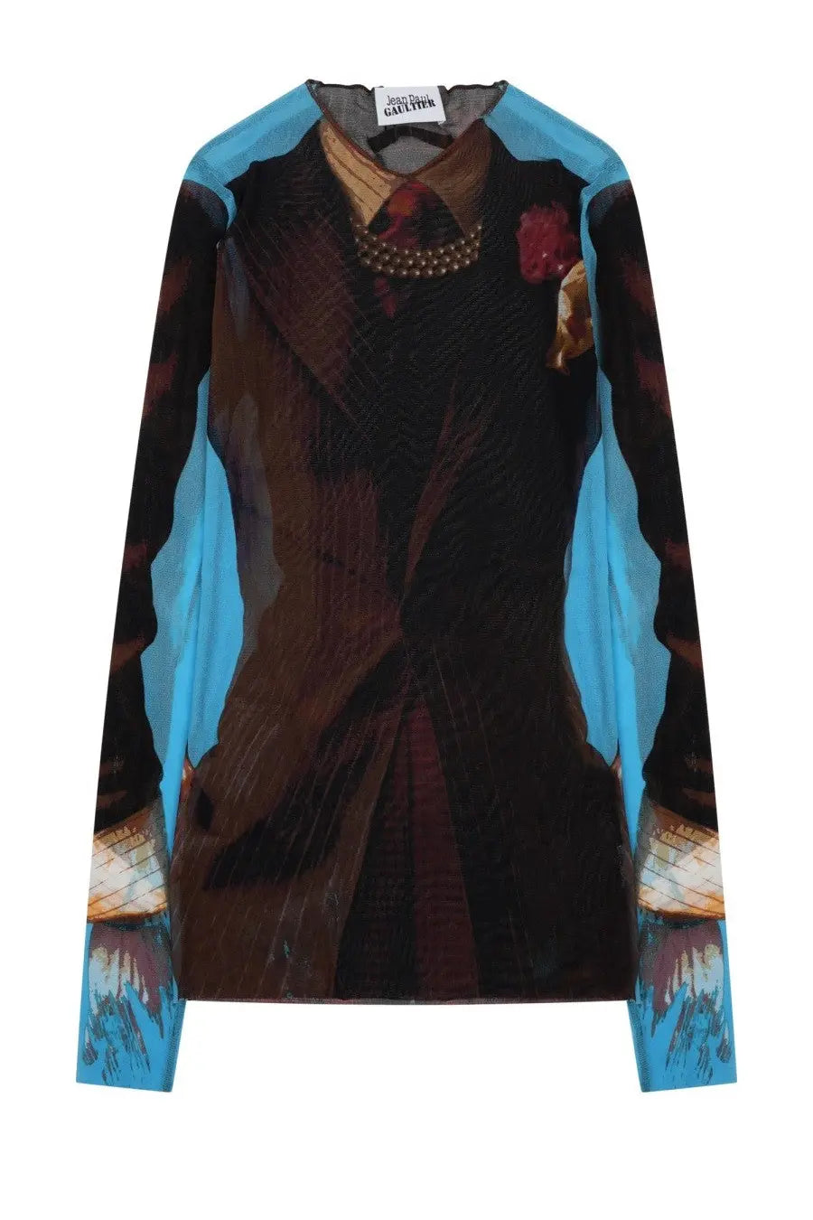 Jean Paul Gaultier women’s long-sleeved top with bold dark brown suit print turquoise accents and red rose detail