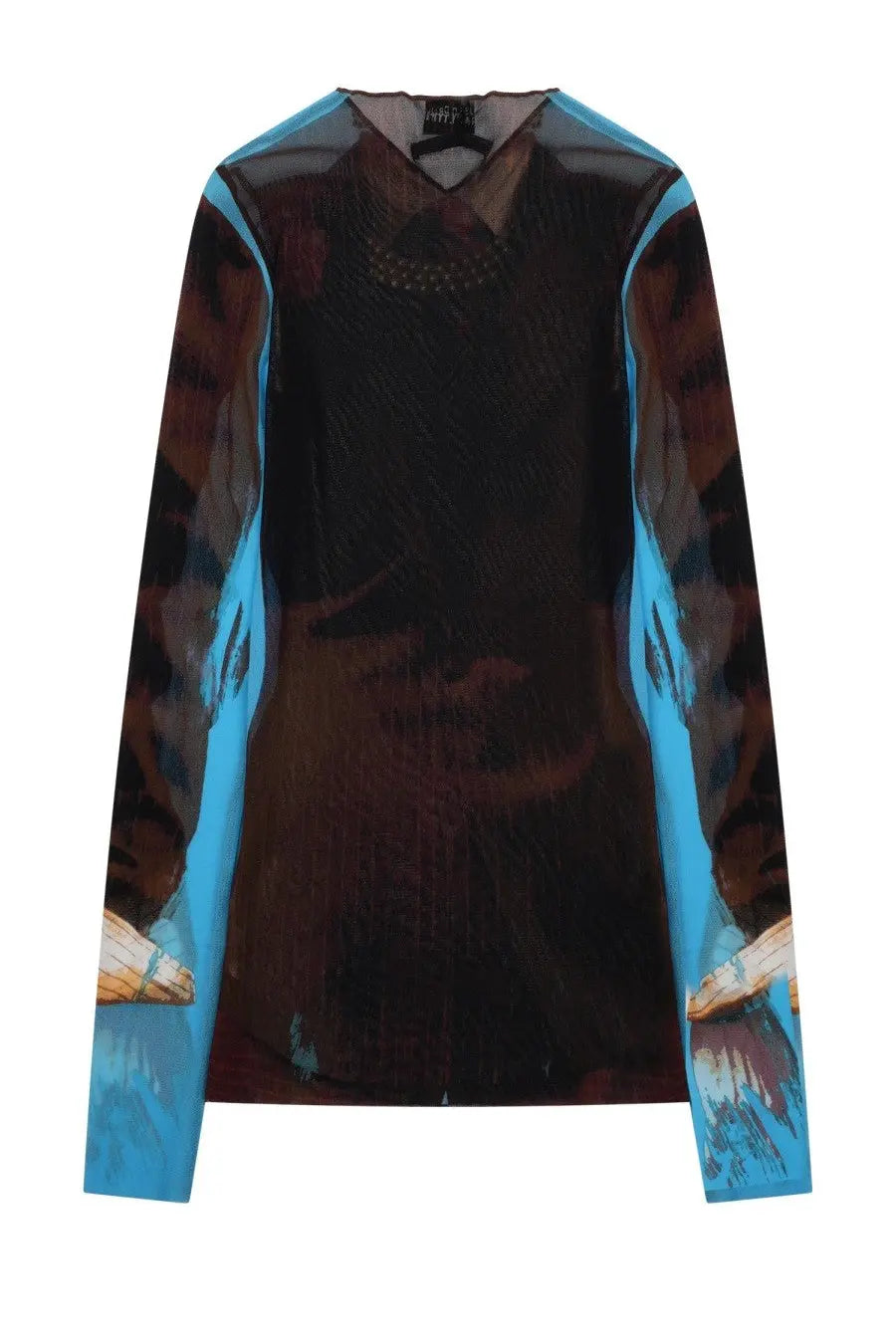 Jean paul gaultier women’s sheer long-sleeved blouse with bold abstract print in brown and turquoise multicolor