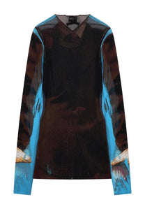 Jean paul gaultier women’s sheer long-sleeved blouse with bold abstract print in brown and turquoise multicolor