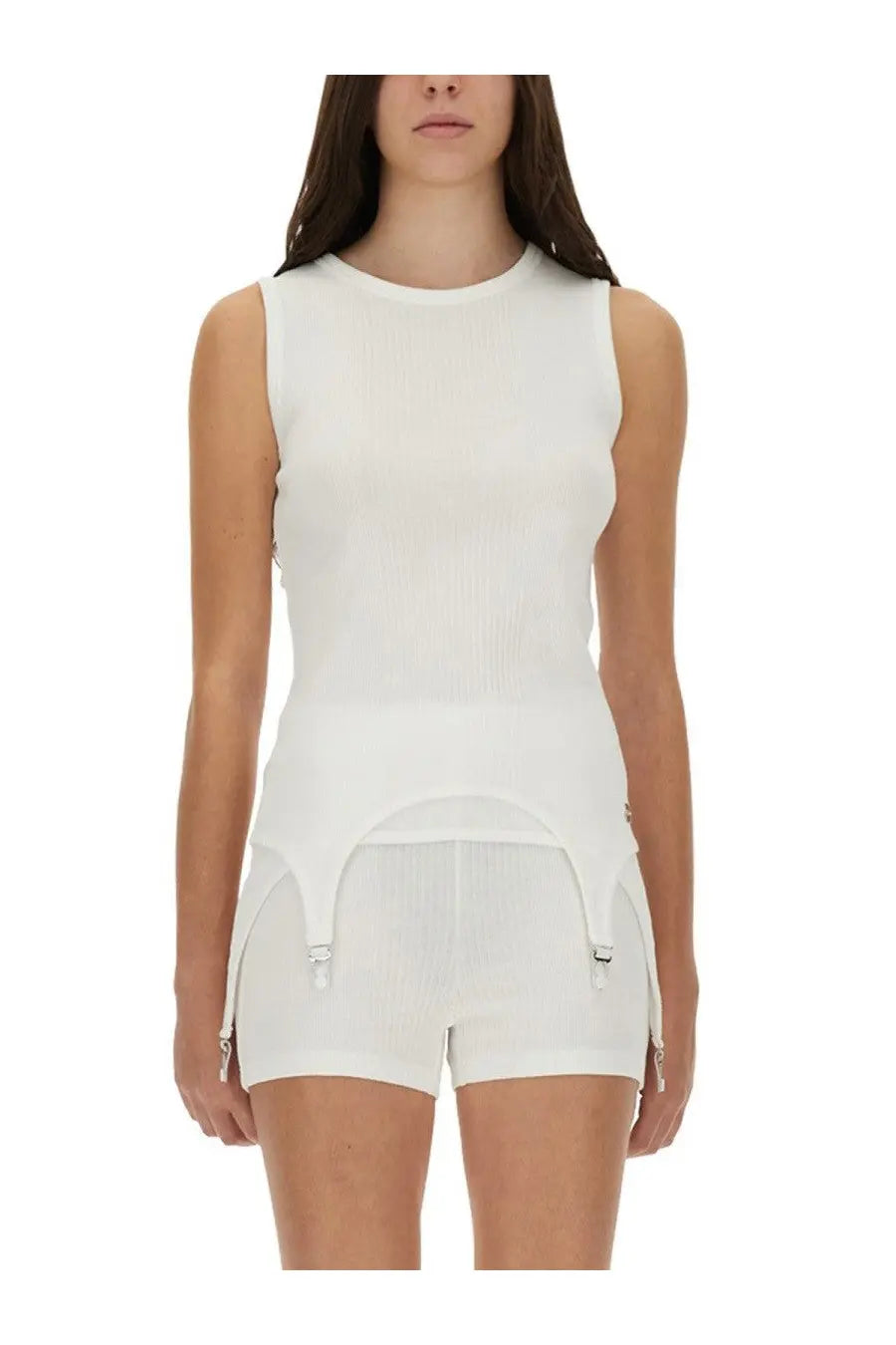 Jean Paul Gaultier women’s white ribbed knit sleeveless top with high waist and silver metal clasp side gussets