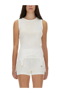 Jean Paul Gaultier women’s white ribbed knit sleeveless top with high waist and silver metal clasp side gussets