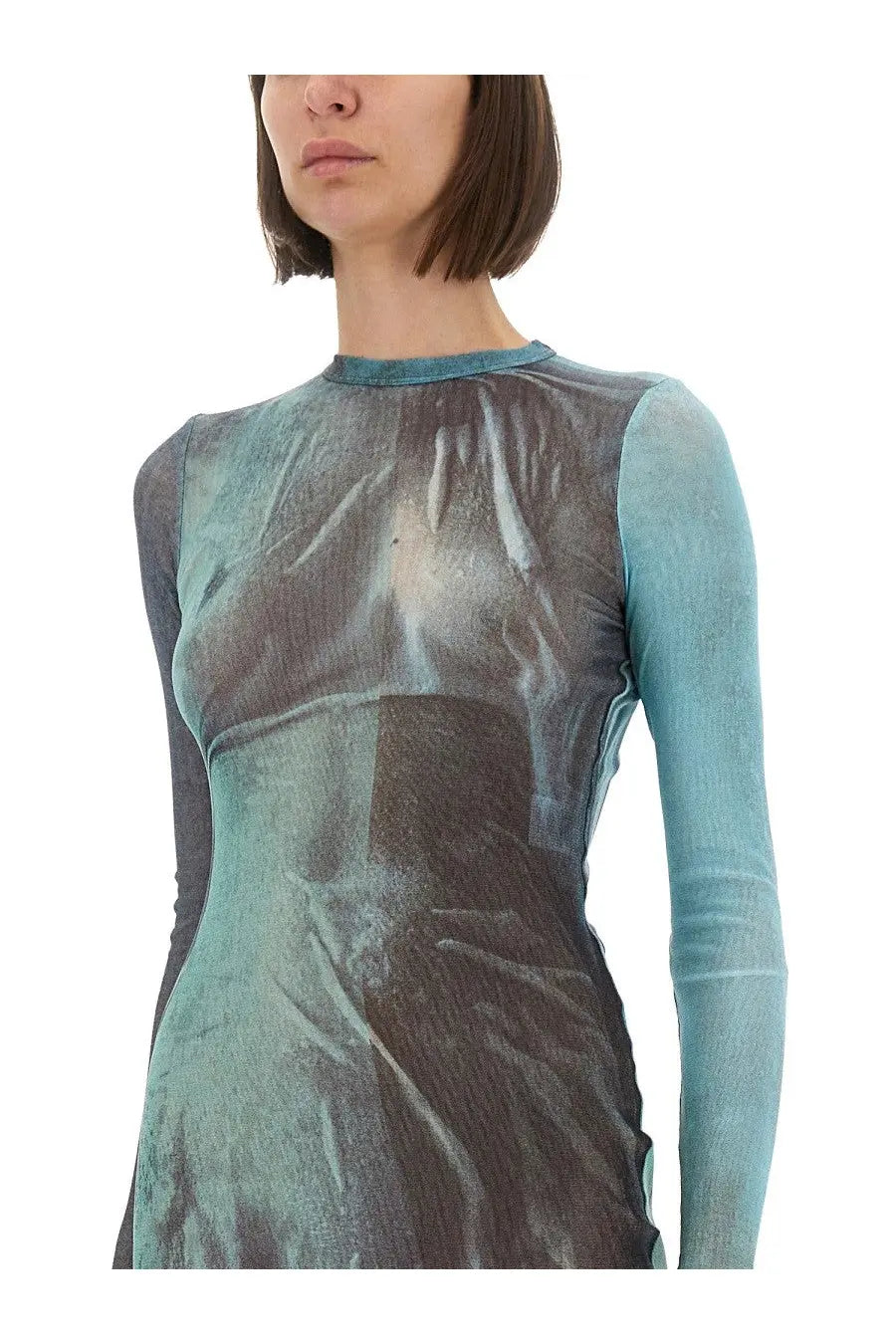 Jean Paul Gaultier women’s water mesh long dress in teal and dark gray sheer textured translucent fabric