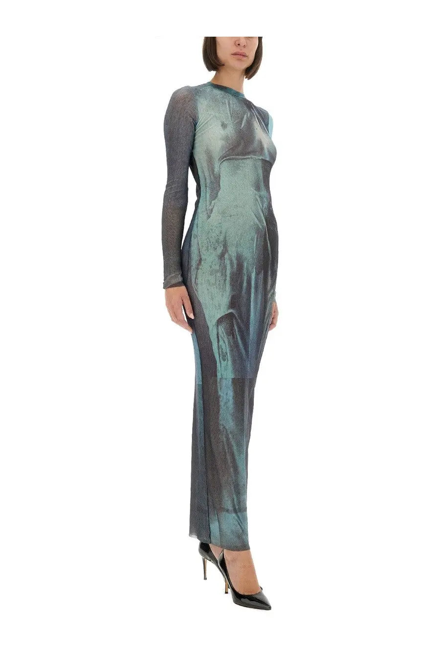 Jean Paul Gaultier women’s water mesh long dress in shimmering teal and gray metallic fabric with textured pattern