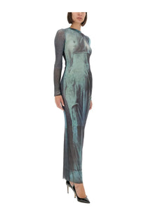 Jean Paul Gaultier women’s water mesh long dress in shimmering teal and gray metallic fabric with textured pattern