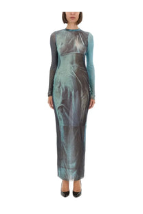 Jean Paul Gaultier women’s long-sleeved floor-length dress in shimmering teal and gray gradient with sheer fabric