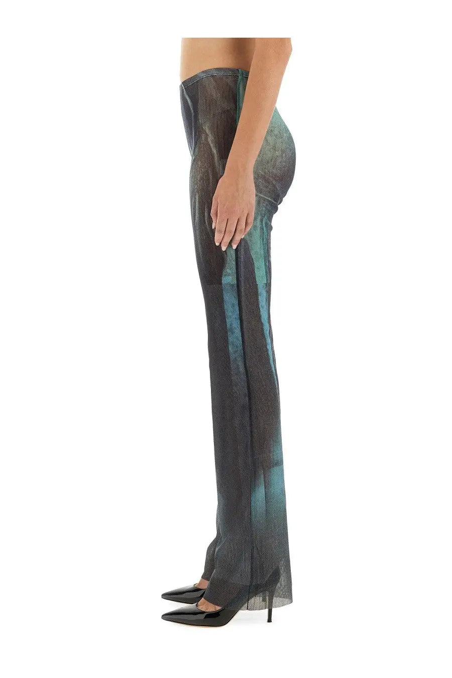 Jean Paul Gaultier women’s water mesh pants in black and teal sheer mesh with a gradient pattern