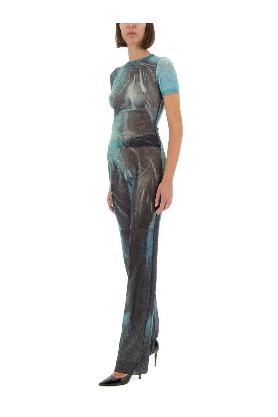Jean Paul Gaultier women’s water mesh pants in blue with a sleek form-fitting jumpsuit design and glossy translucent finish