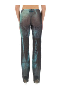 Jean Paul Gaultier women’s water mesh pants in shimmering teal and black with a sleek high-waisted design