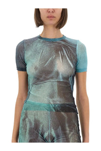 Jean Paul Gaultier women’s sheer short-sleeved top in translucent teal and gray gradient with textured fabric print