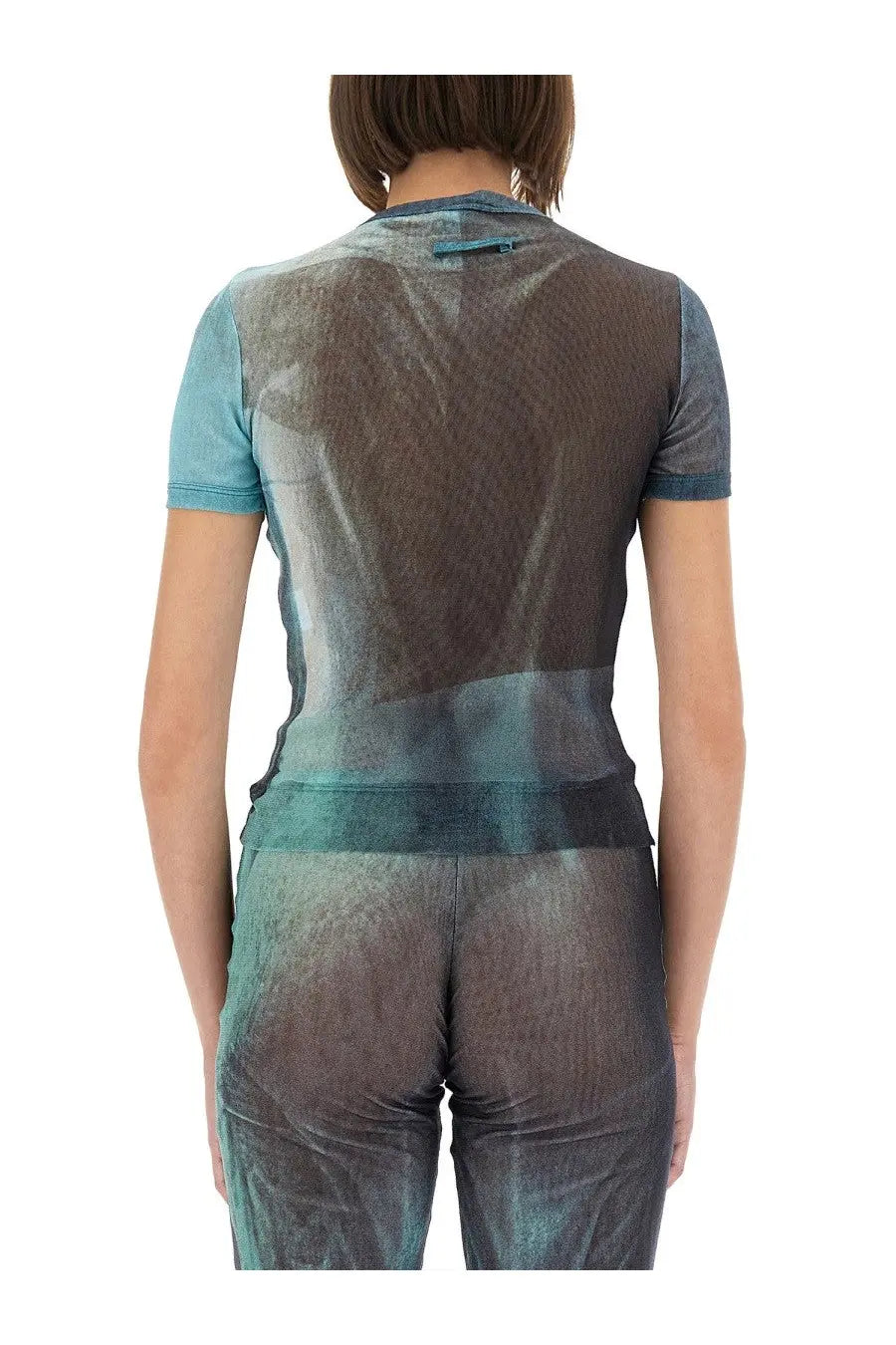 Jean Paul Gaultier women’s sheer short-sleeved mesh shirt in teal and dark gray with subtle textured pattern