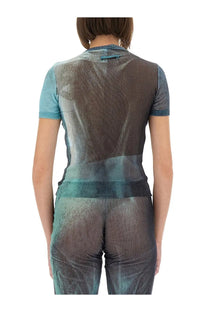 Jean Paul Gaultier women’s sheer short-sleeved mesh shirt in teal and dark gray with subtle textured pattern