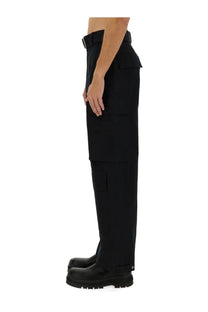 Jil sander men’s black cargo pants with multiple pockets and a belted waist in durable fabric