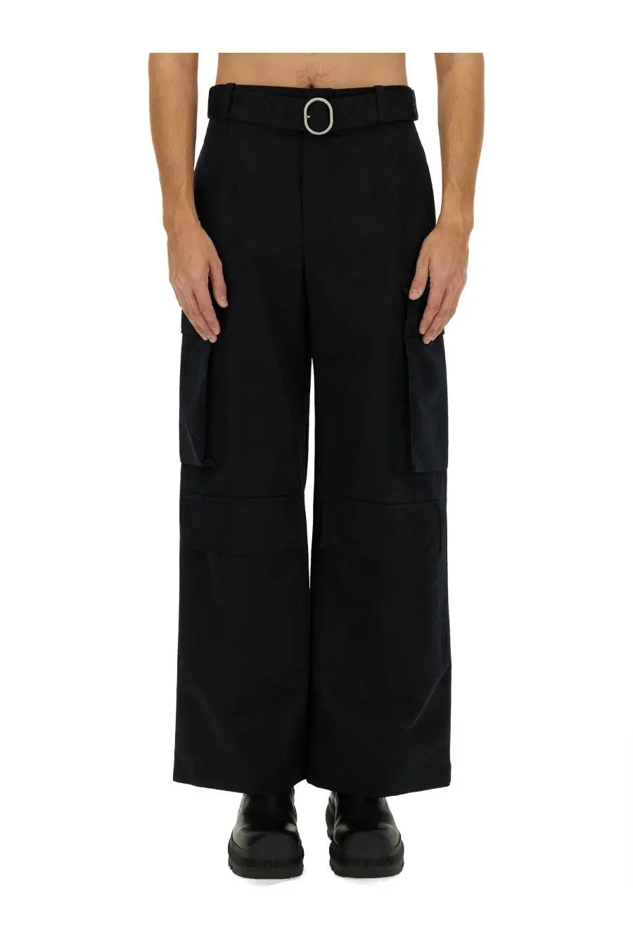 Jil sander men’s black wide-leg cargo pants with sleek minimalist design and silver oval buckle belt