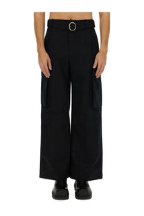 Jil sander men’s black wide-leg cargo pants with sleek minimalist design and silver oval buckle belt