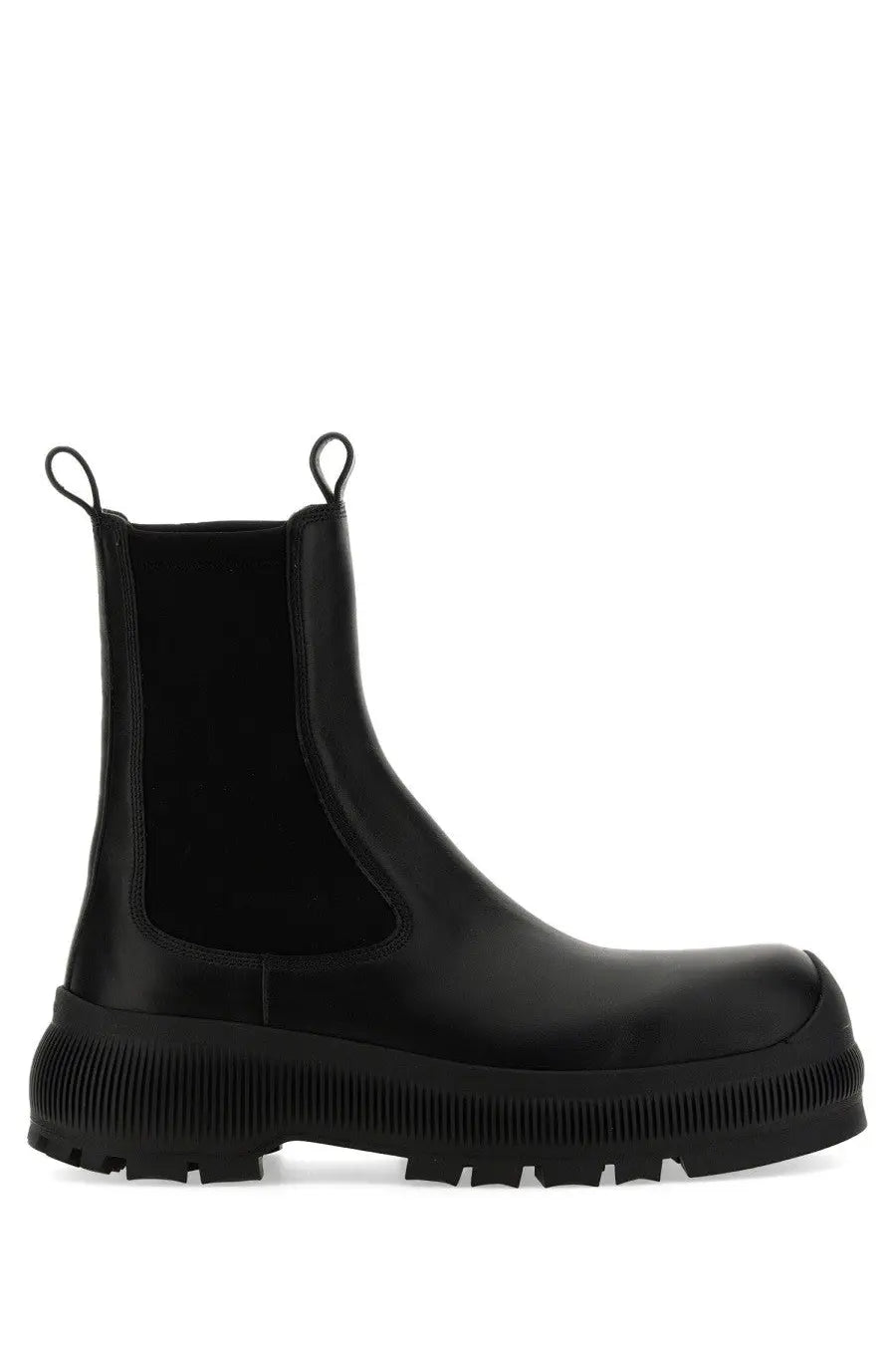 Jil sander men’s black leather chelsea boot with chunky ribbed sole and elastic side panels