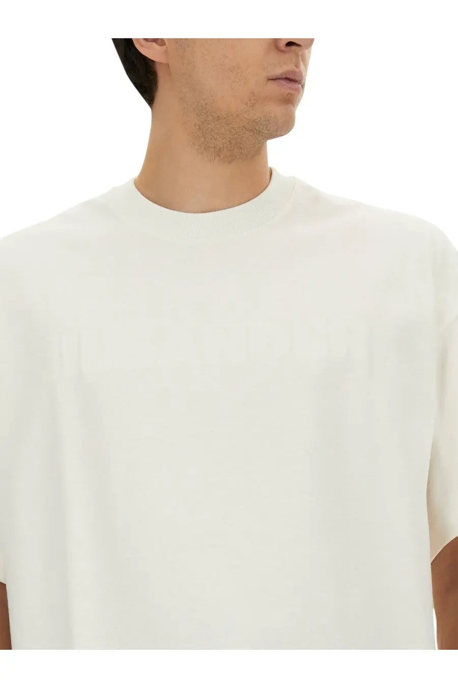 White jil sander men’s cotton crew neck t-shirt with a subtle faint logo across the chest